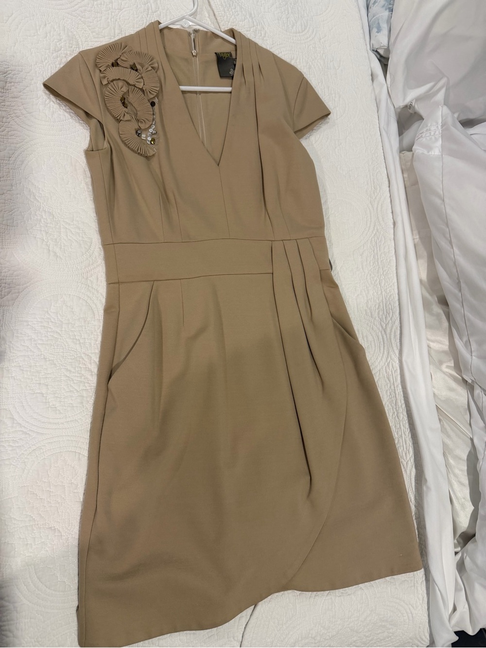 Taylor Taupe V-Neck Cap Sleeve Dress with Rosette Detail